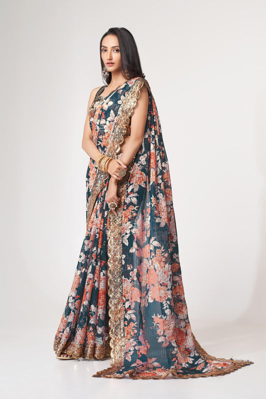 Fascinating Dove Blue Floral Printed Organza Events Wear Saree With Blouse
