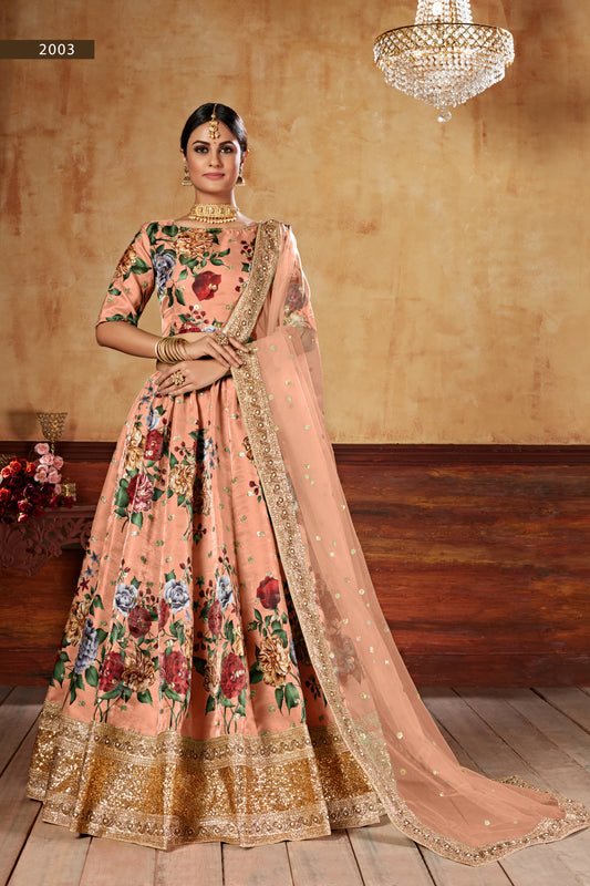 Peach Floral Print Lehenga with Embellished Dupatta