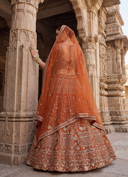 Lehenga choli Orange colour double dupatta combine peacock hand work designer