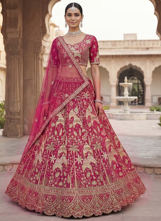 Pink Beautiful Coconut Tree and flower Pattern Embroidered Perfect Silk Bridal Lehenga