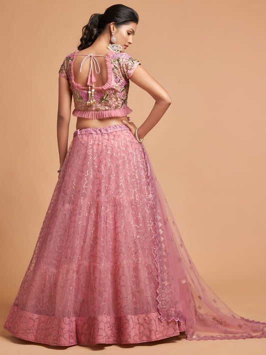 Blush Pink Dori Thread Embroidered Net Wedding Lehenga Choli