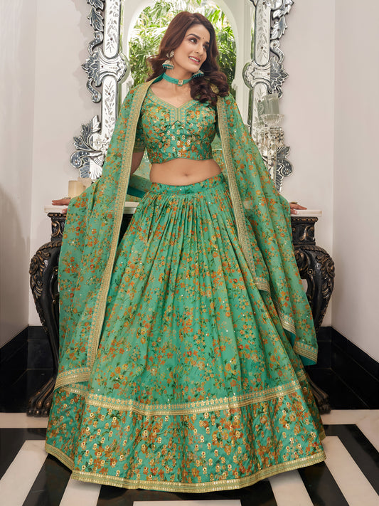 Green Embroidered Organza Function Wear Plus Size Lehenga Choli