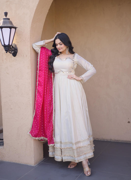 Off White Cosmos Silk Mirror-Work Festive-Wear Readymad Gown With Pink Dupatta