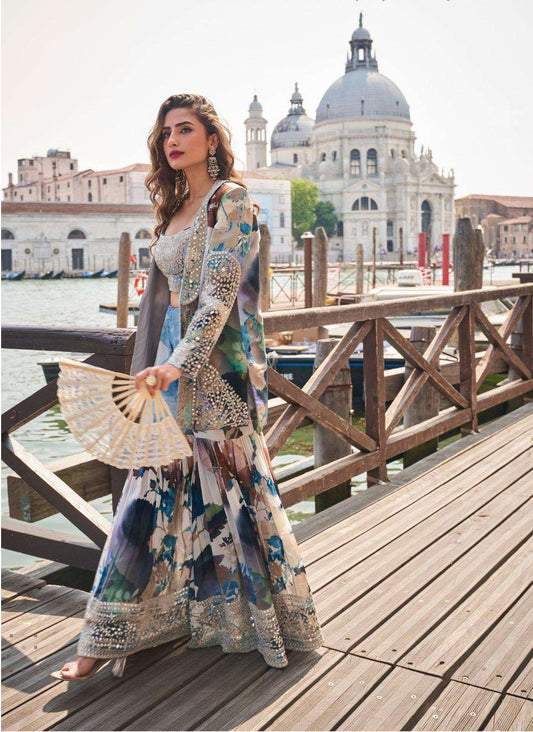 Designer Partywear cord set Digital Print With Emb siquance work & mirror work