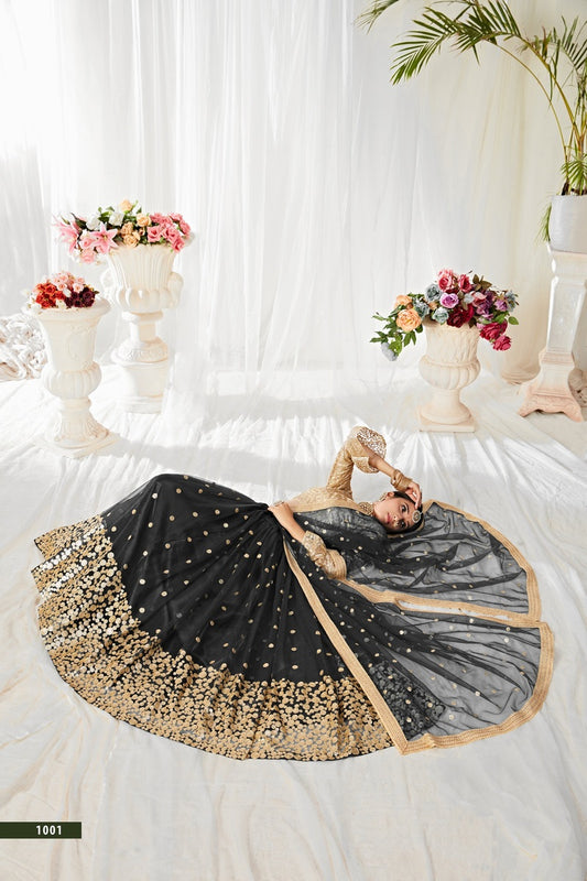 Black Net Lehenga with Gold Sequin Work