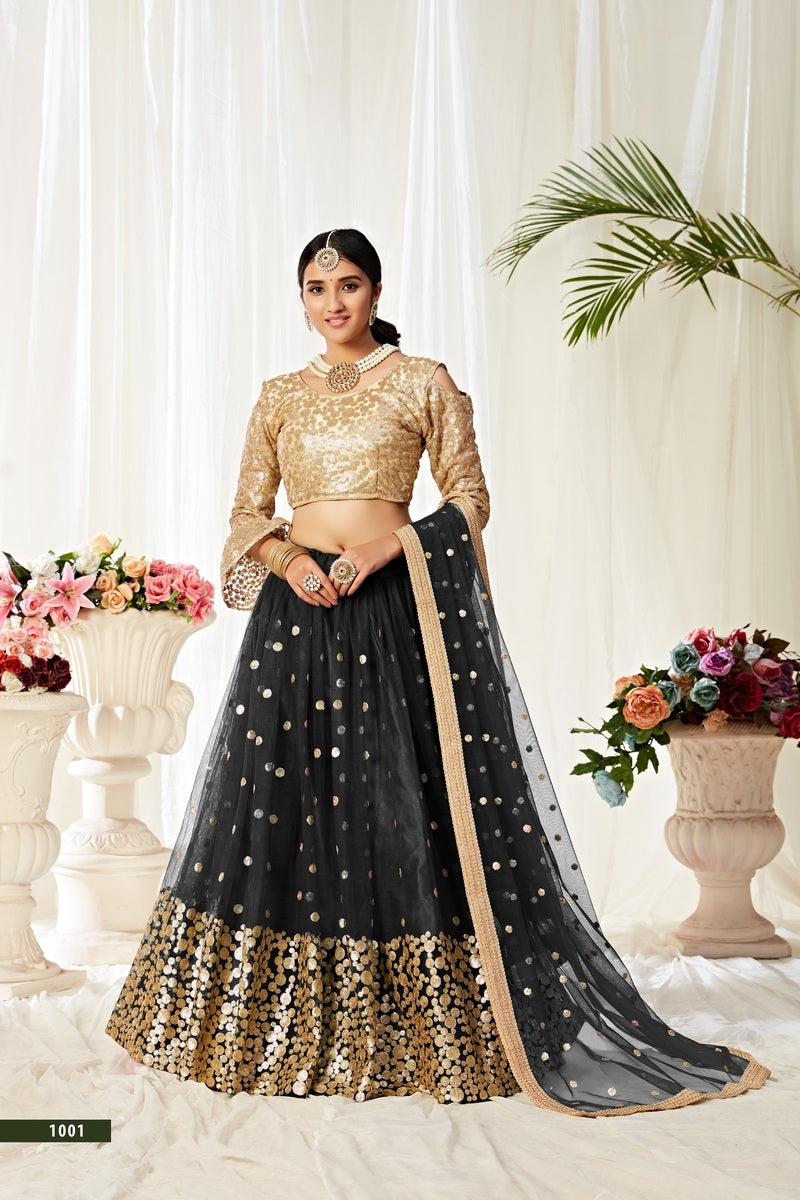 Black Net Lehenga with Gold Sequin Work