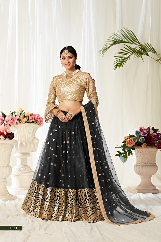 Black Net Lehenga with Gold Sequin Work