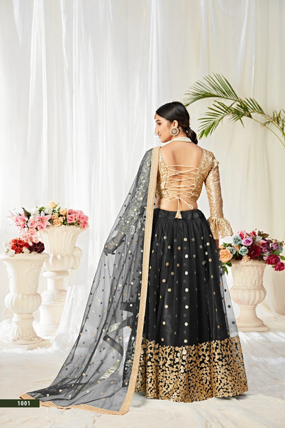 Black Net Lehenga with Gold Sequin Work