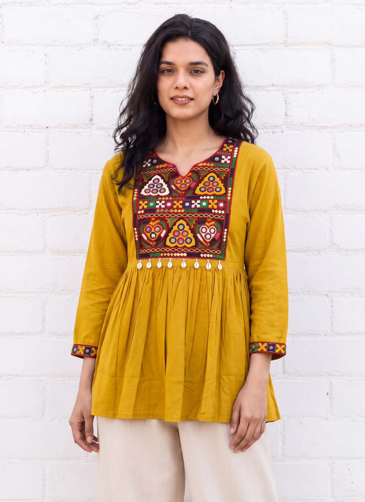 Women’s Gamthi Embroidered Rayon Kurti with Real Mirror Work