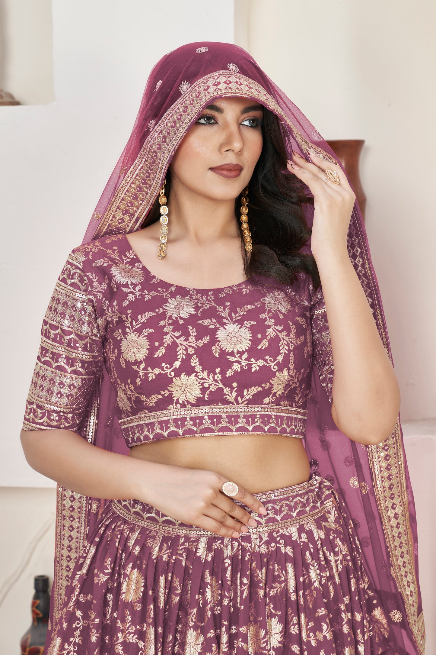 Mauve Gold Banarasi Style Lehenga Choli