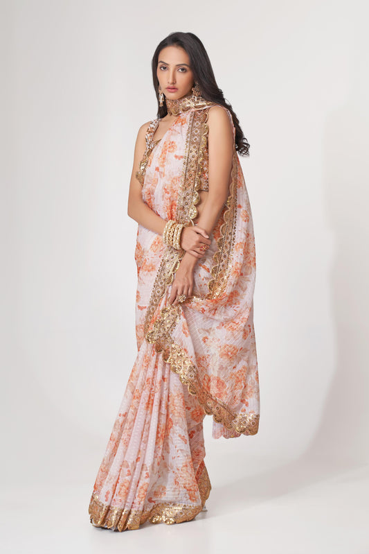 Gorgeous White Floral Printed Organza Party Wear Saree With Blouse