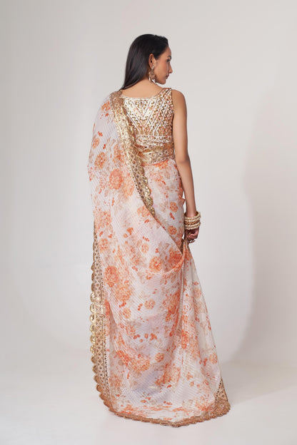 Gorgeous White Floral Printed Organza Party Wear Saree With Blouse