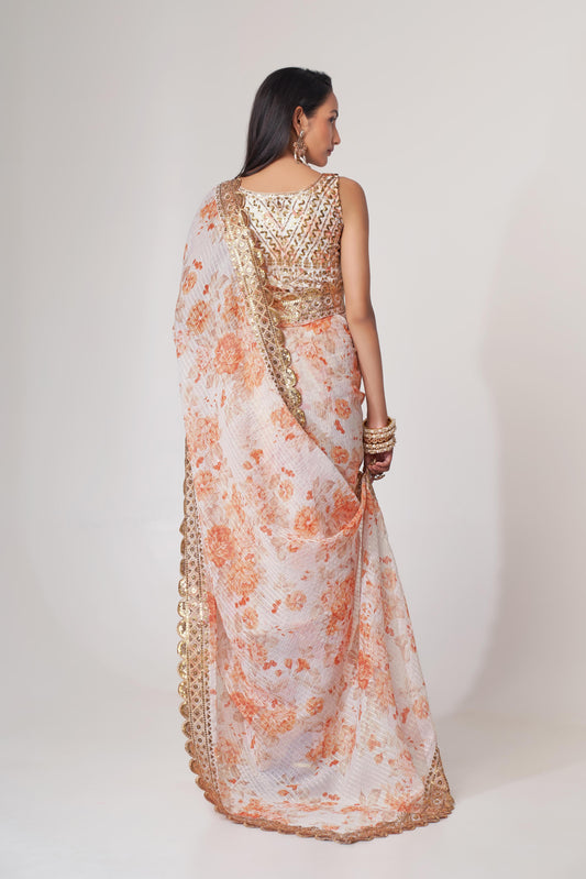 Gorgeous White Floral Printed Organza Party Wear Saree With Blouse