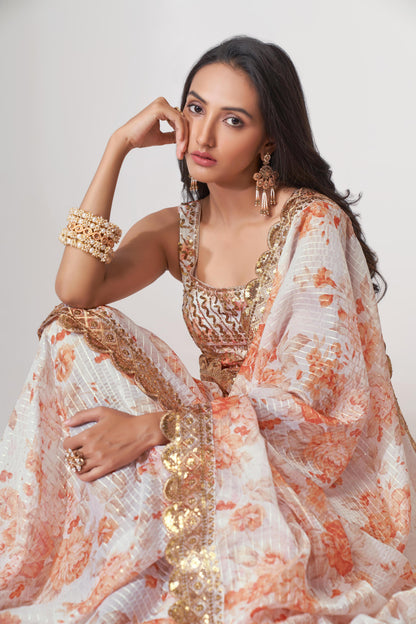 Gorgeous White Floral Printed Organza Party Wear Saree With Blouse