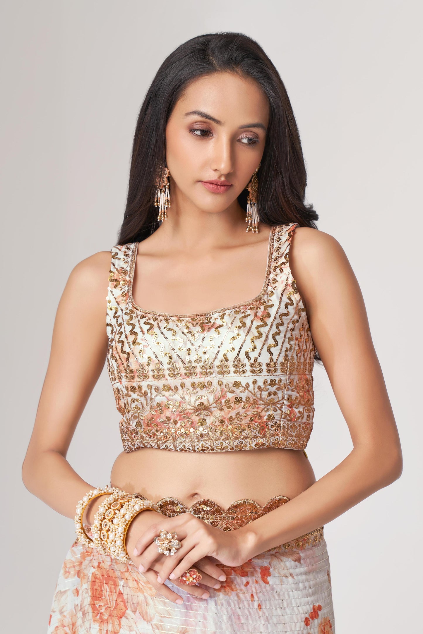 Gorgeous White Floral Printed Organza Party Wear Saree With Blouse