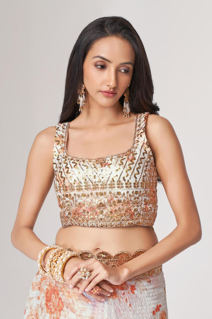 Gorgeous White Floral Printed Organza Party Wear Saree With Blouse