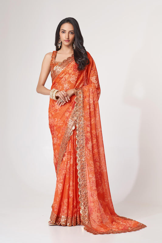 Gorgeous Orange Floral Printed Organza Party Wear Saree With Blouse