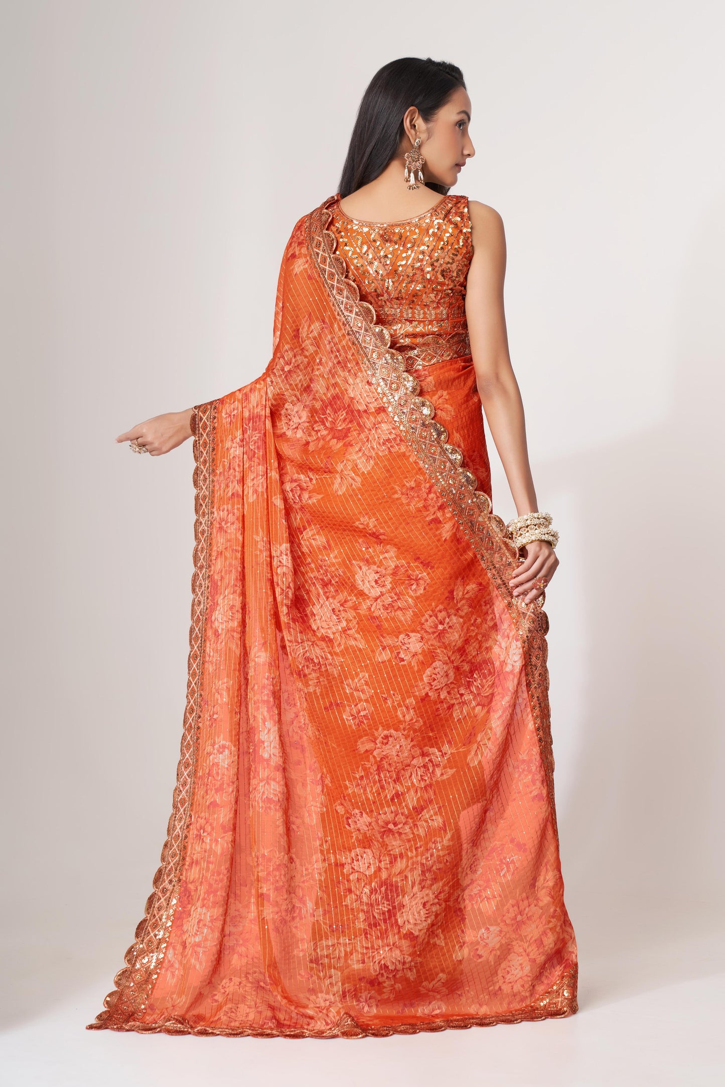Gorgeous Orange Floral Printed Organza Party Wear Saree With Blouse