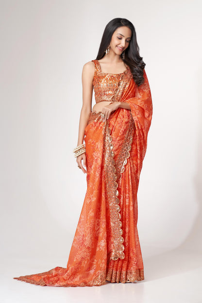 Gorgeous Orange Floral Printed Organza Party Wear Saree With Blouse