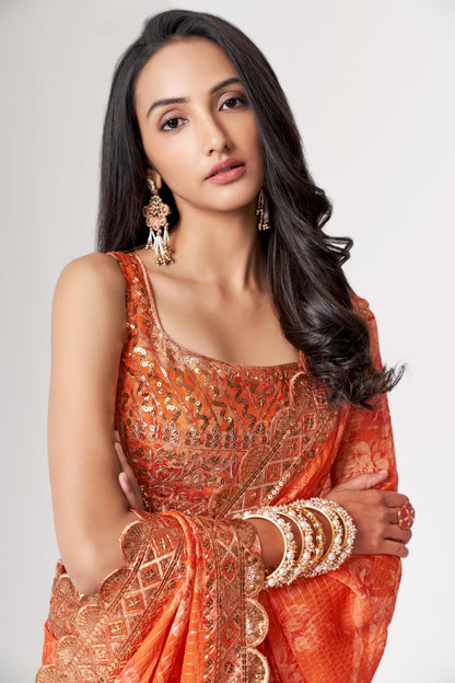 Gorgeous Orange Floral Printed Organza Party Wear Saree With Blouse
