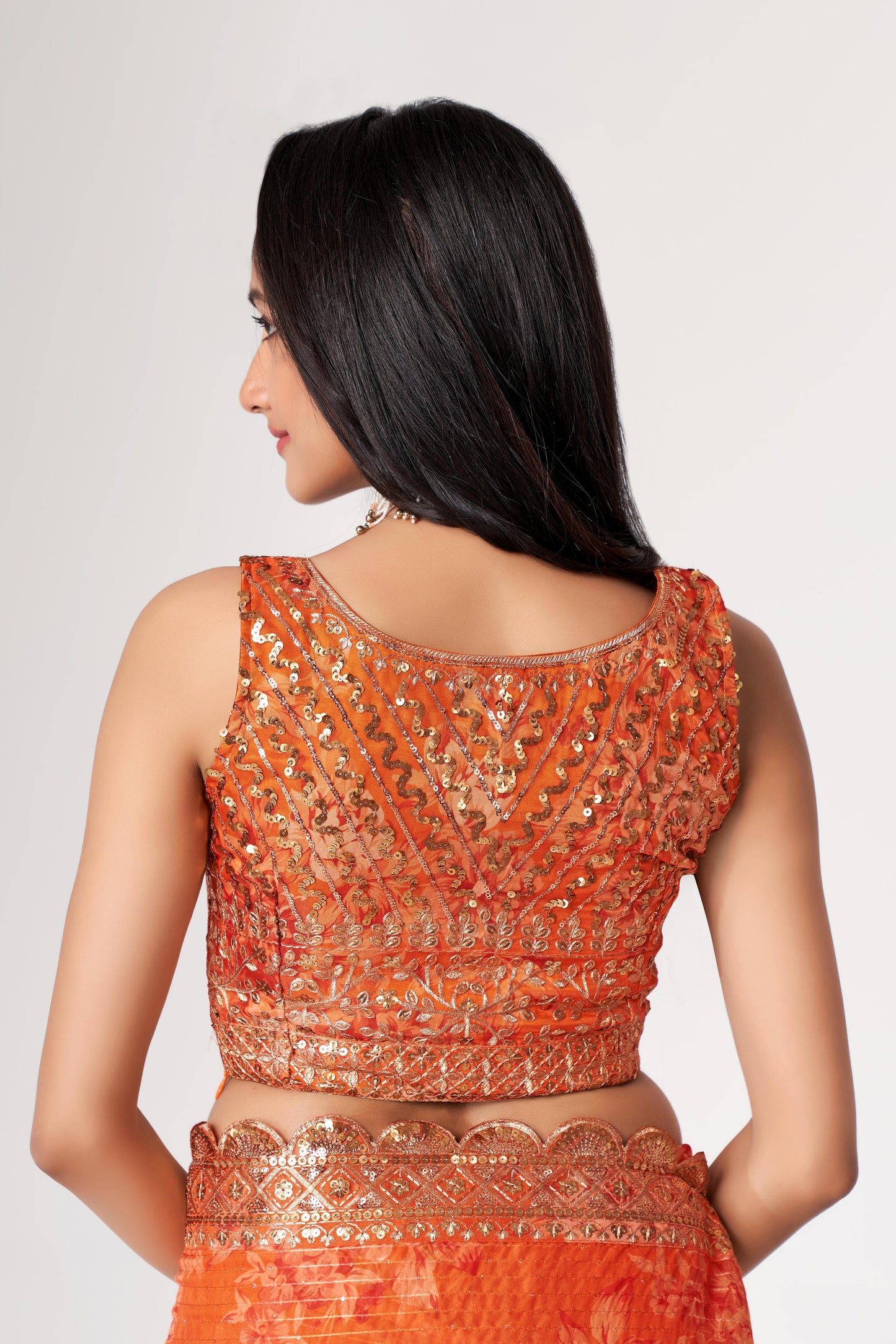 Gorgeous Orange Floral Printed Organza Party Wear Saree With Blouse