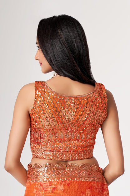 Gorgeous Orange Floral Printed Organza Party Wear Saree With Blouse