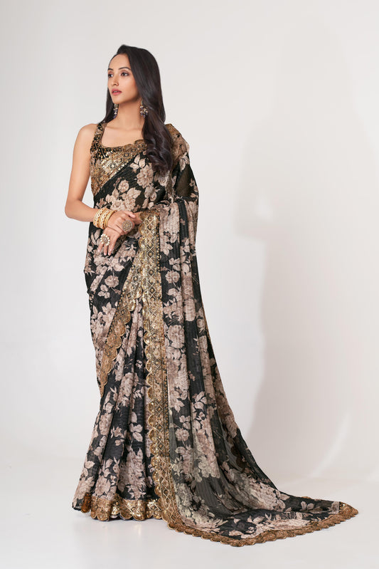 Captivating Black Floral Printed Organza Events Wear Saree
