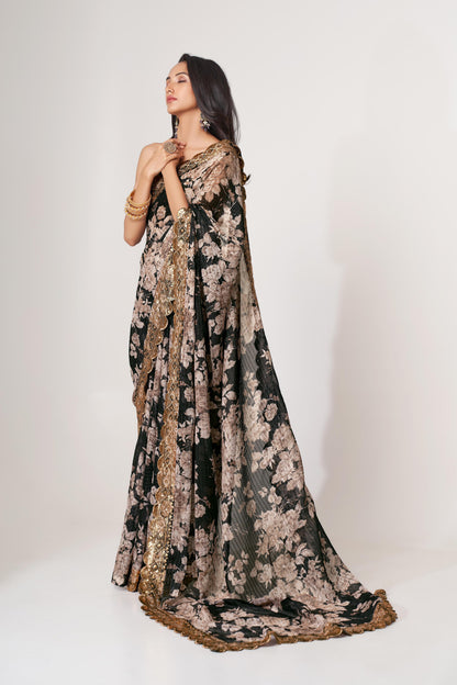 Captivating Black Floral Printed Organza Events Wear Saree