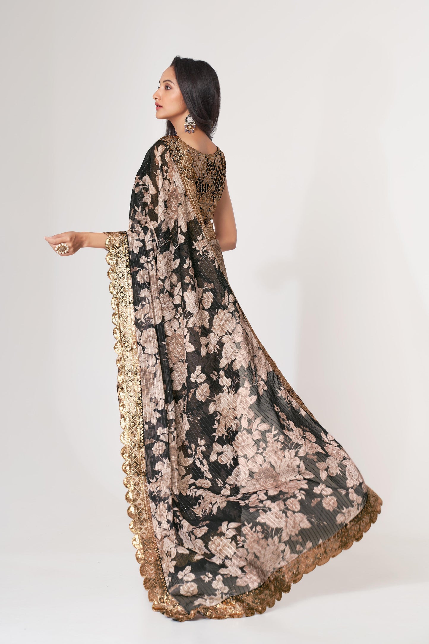 Captivating Black Floral Printed Organza Events Wear Saree