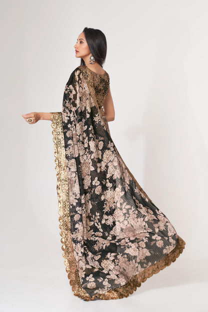 Captivating Black Floral Printed Organza Events Wear Saree