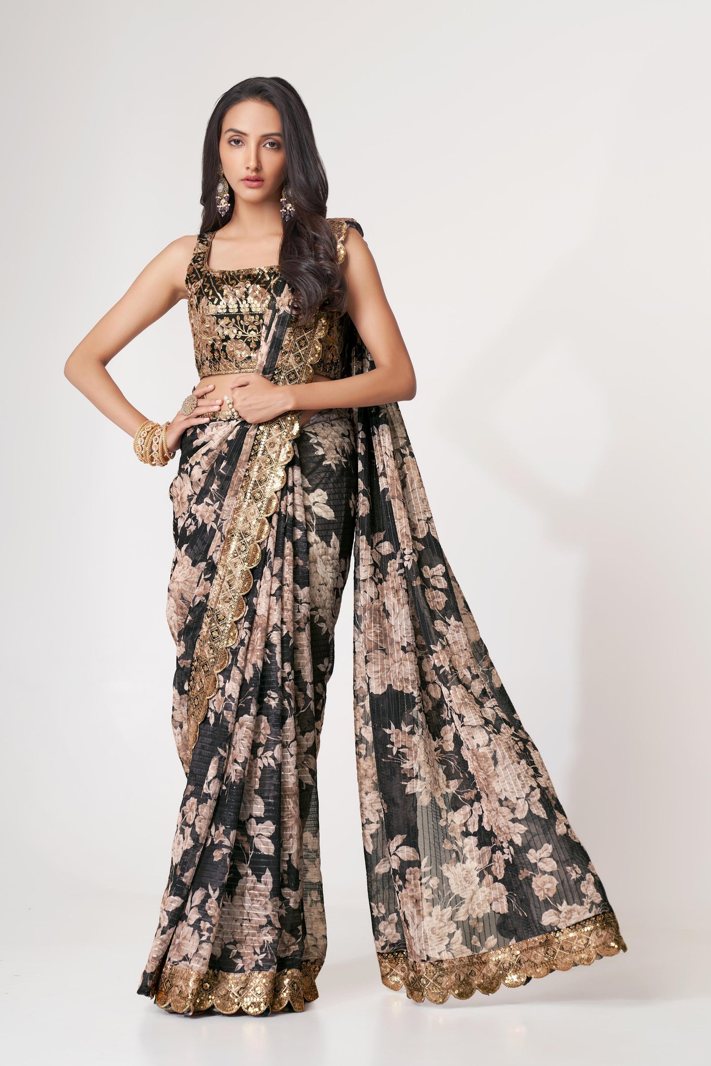 Captivating Black Floral Printed Organza Events Wear Saree