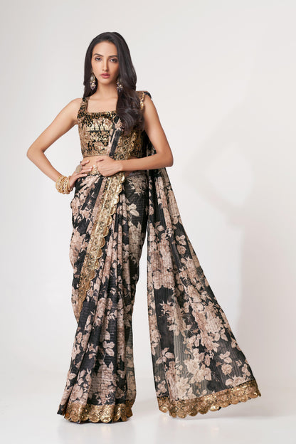 Captivating Black Floral Printed Organza Events Wear Saree