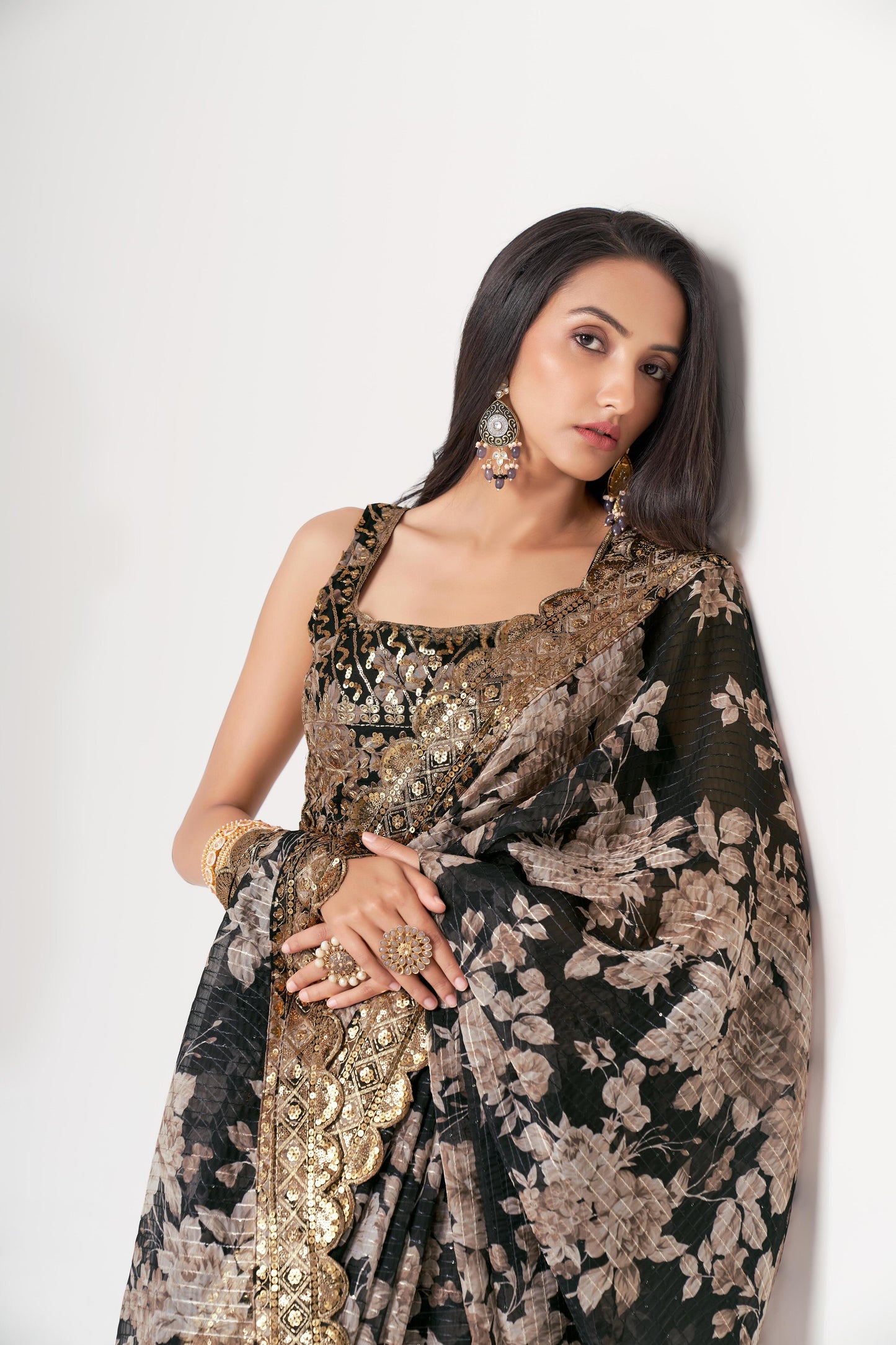 Captivating Black Floral Printed Organza Events Wear Saree
