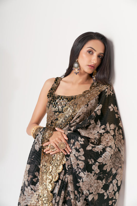 Captivating Black Floral Printed Organza Events Wear Saree