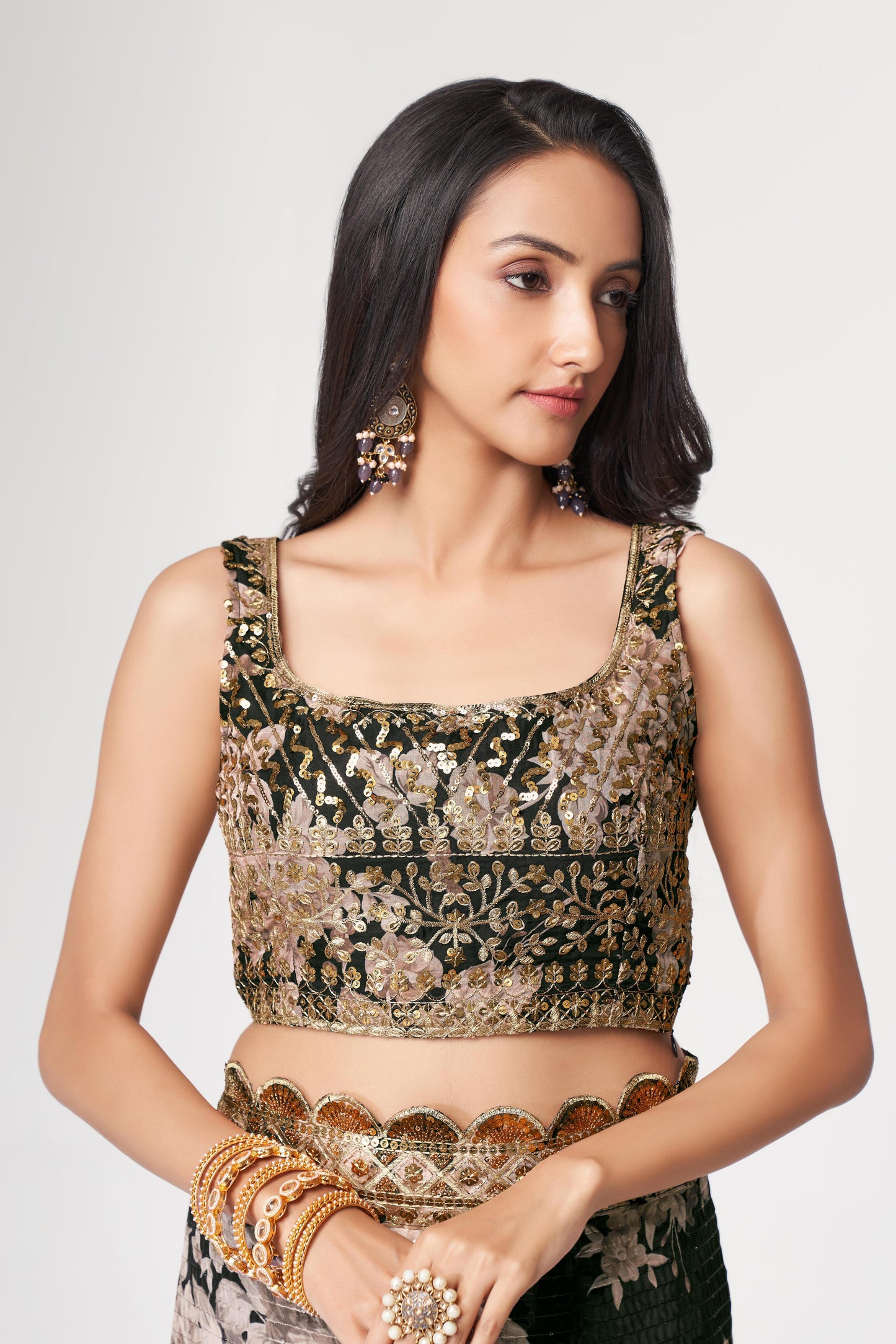 Captivating Black Floral Printed Organza Events Wear Saree
