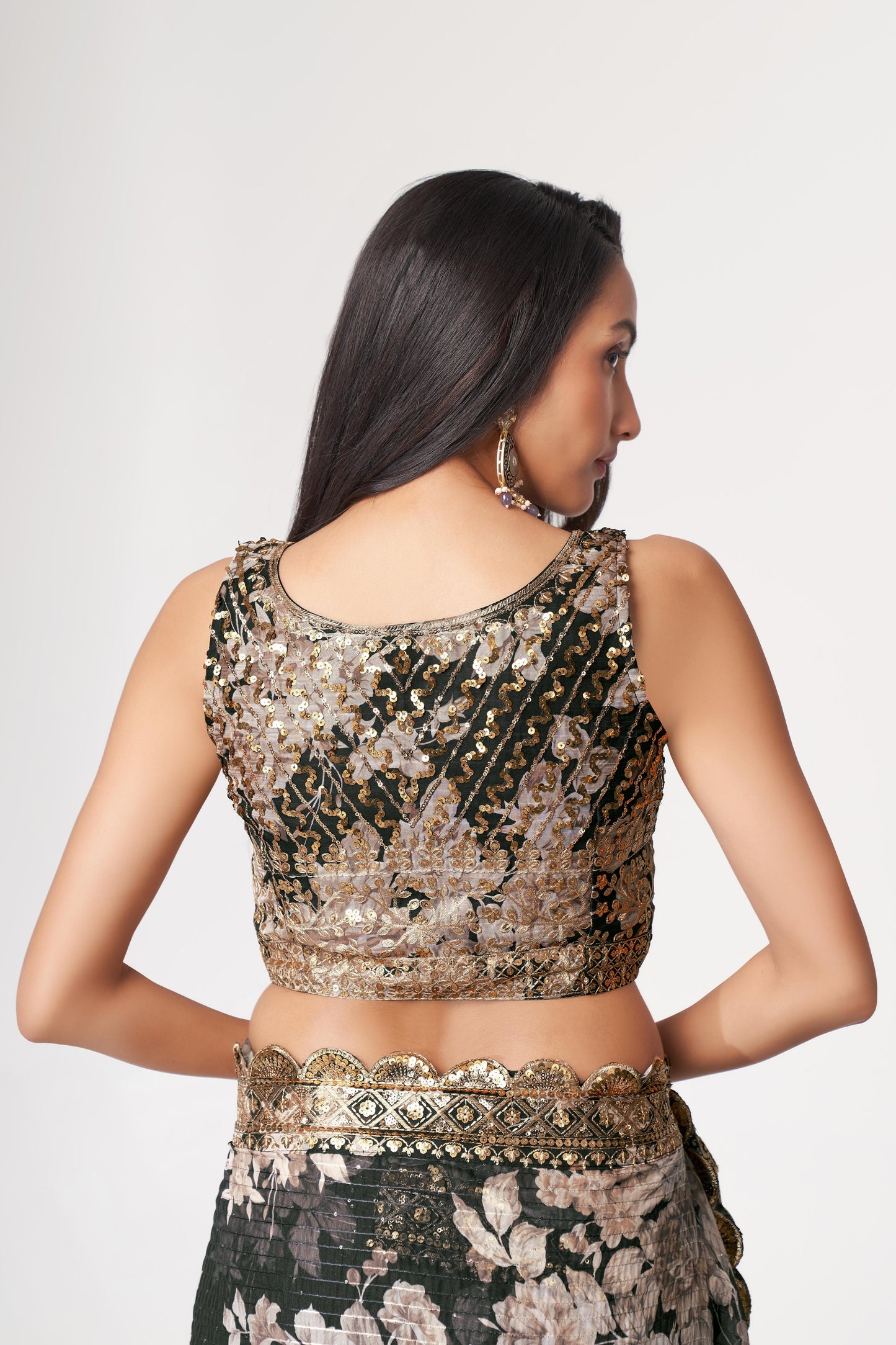 Captivating Black Floral Printed Organza Events Wear Saree