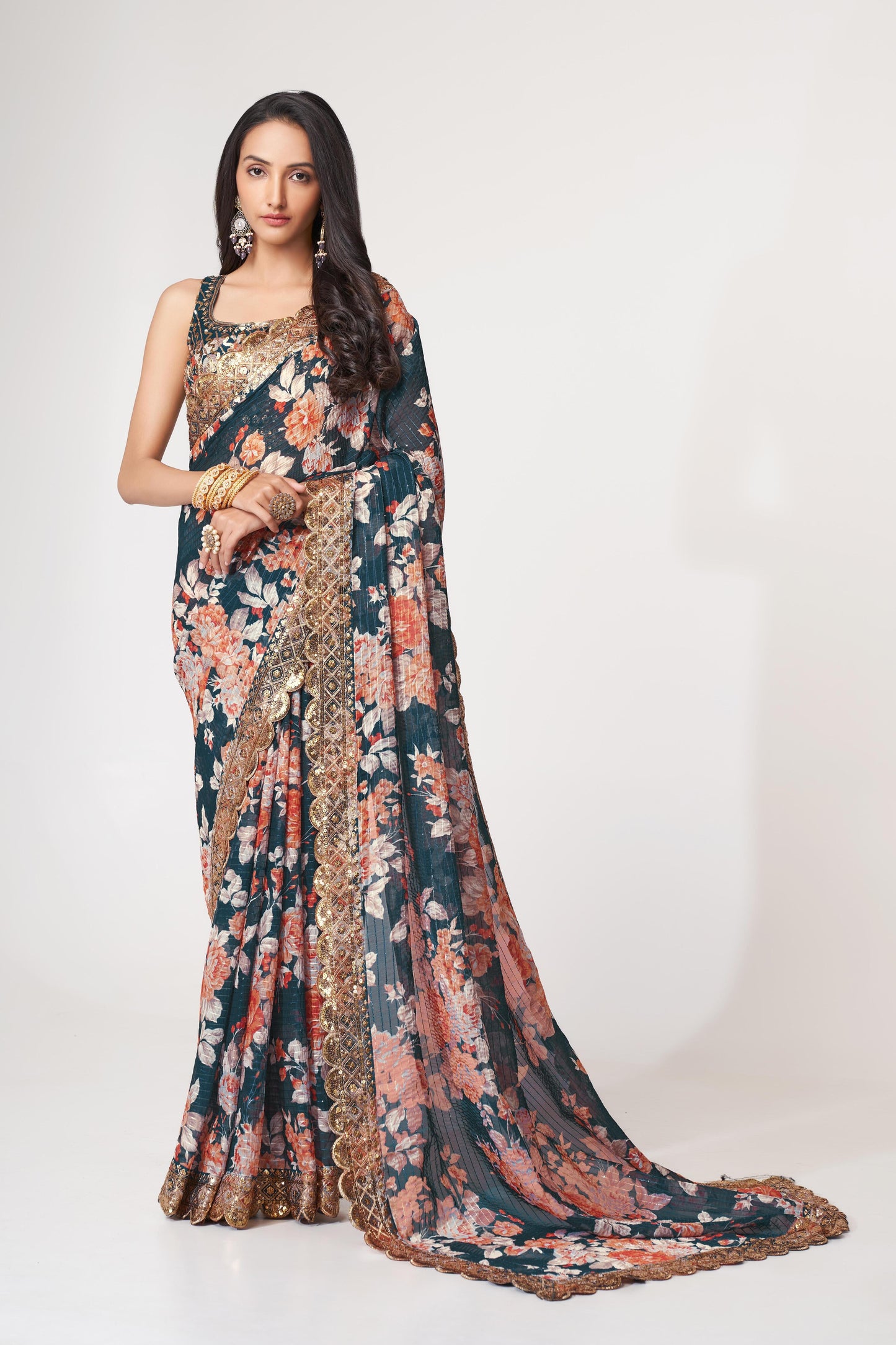 Fascinating Dove Blue Floral Printed Organza Events Wear Saree With Blouse