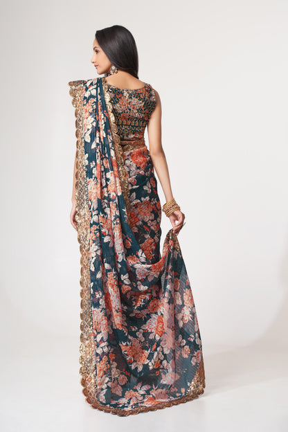Fascinating Dove Blue Floral Printed Organza Events Wear Saree With Blouse