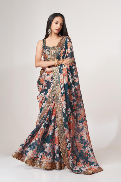 Fascinating Dove Blue Floral Printed Organza Events Wear Saree With Blouse
