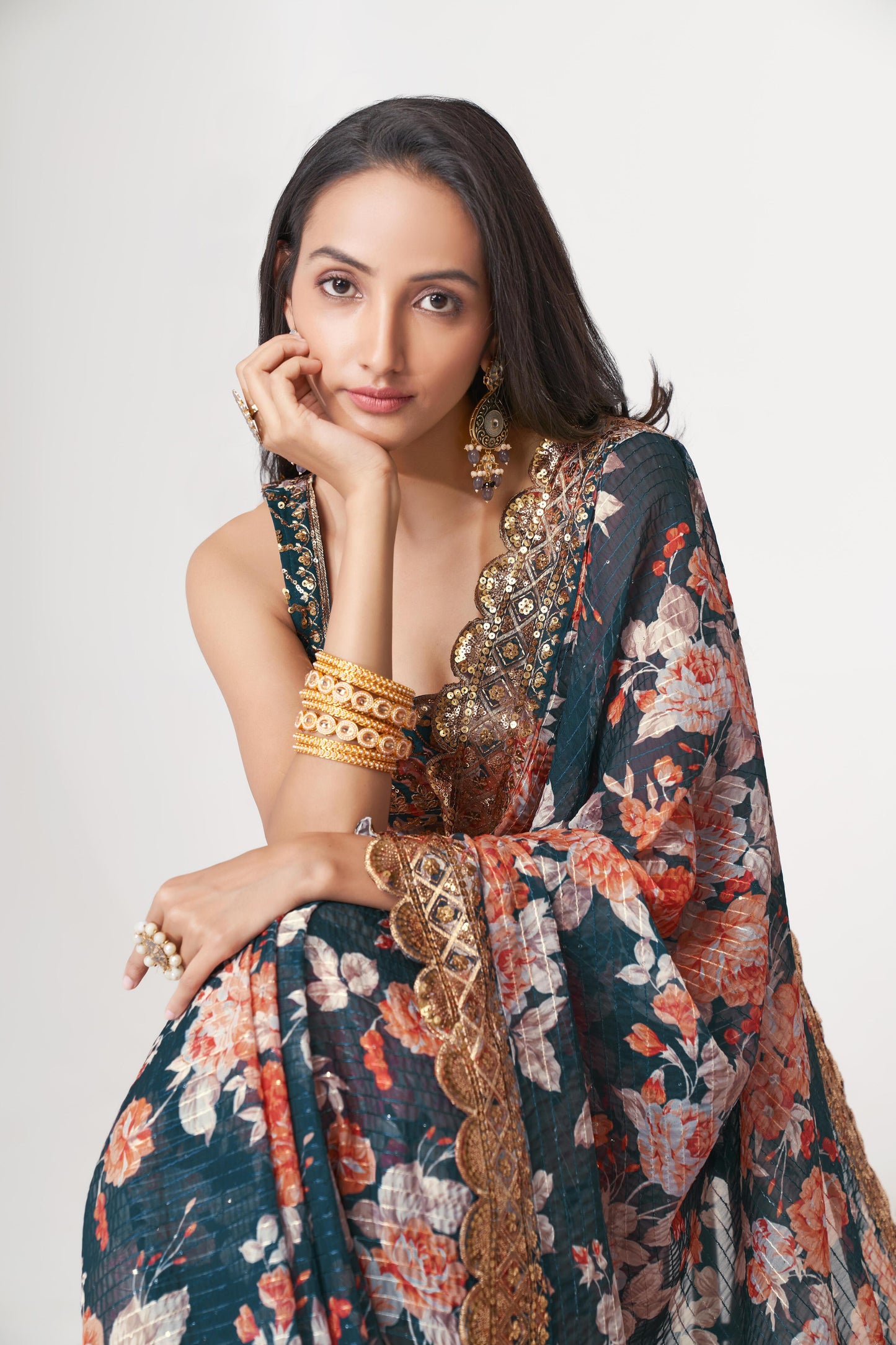 Fascinating Dove Blue Floral Printed Organza Events Wear Saree With Blouse