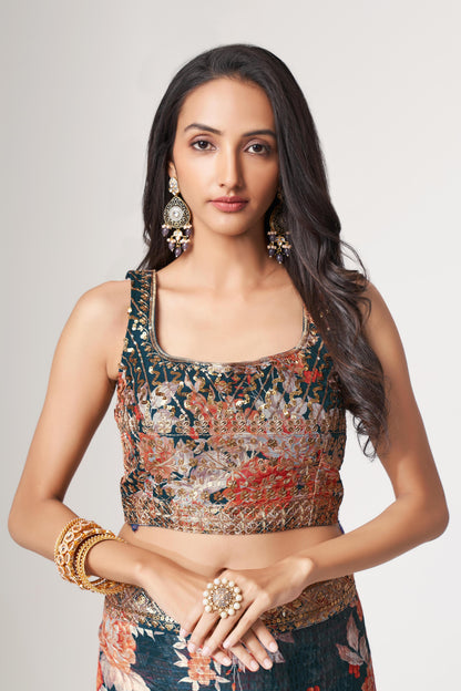 Fascinating Dove Blue Floral Printed Organza Events Wear Saree With Blouse