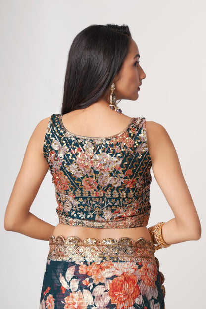 Fascinating Dove Blue Floral Printed Organza Events Wear Saree With Blouse