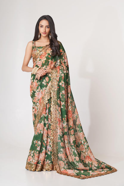 Mesmerizing Green Floral Printed Organza Festive Wear Saree