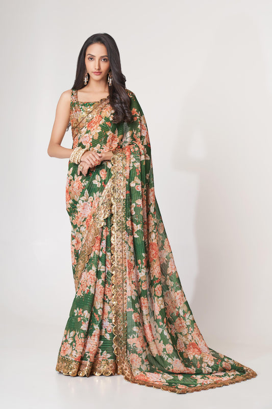 Mesmerizing Green Floral Printed Organza Festive Wear Saree