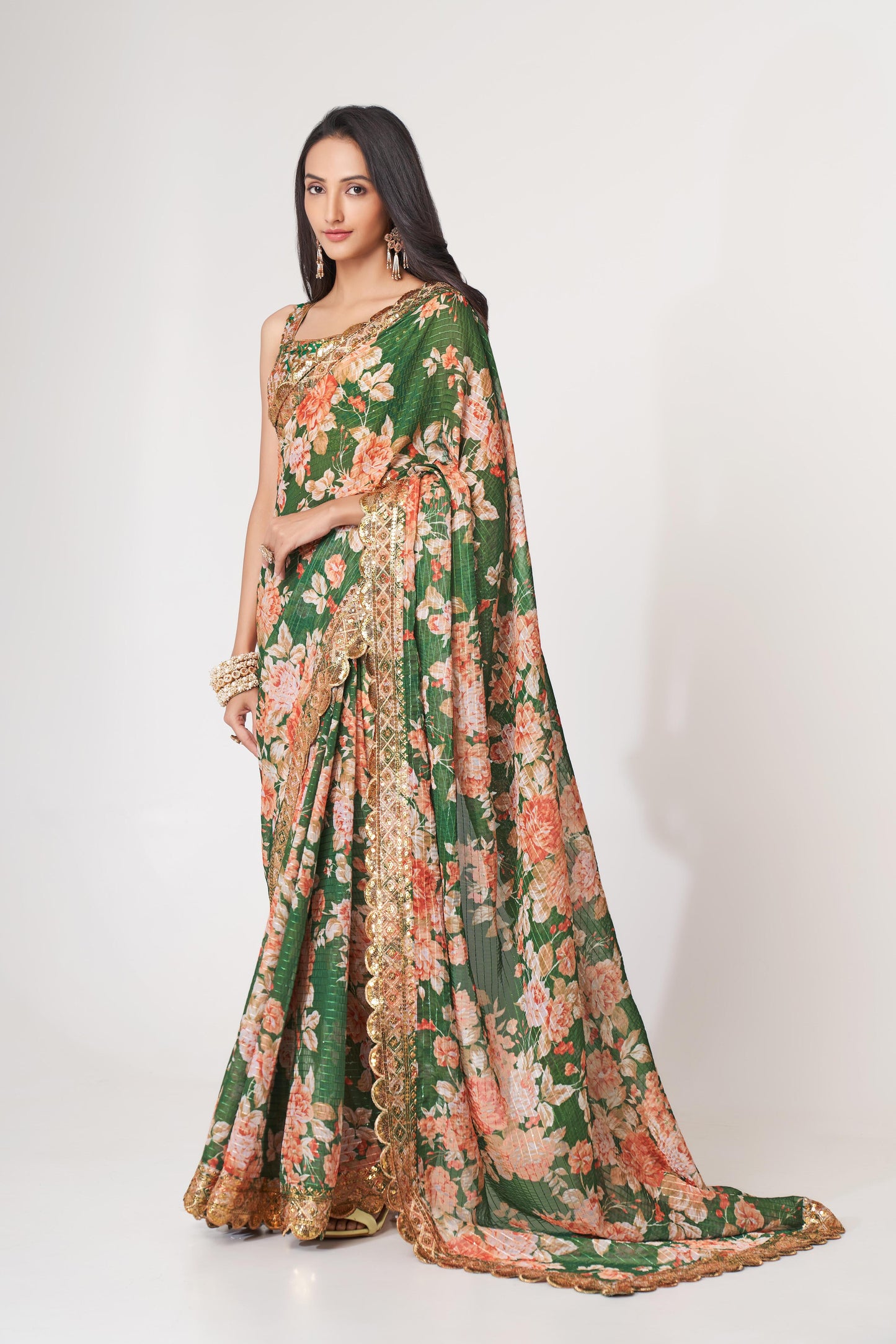 Mesmerizing Green Floral Printed Organza Festive Wear Saree