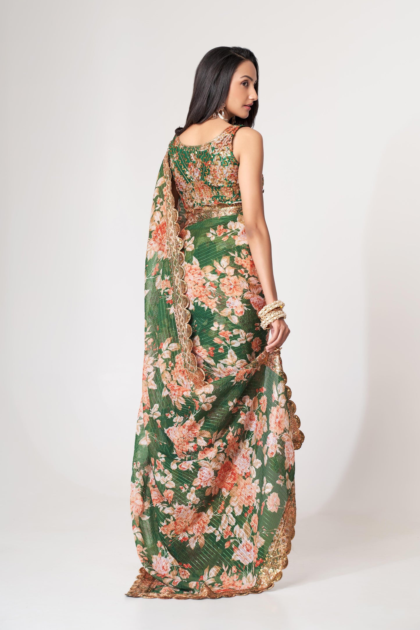Mesmerizing Green Floral Printed Organza Festive Wear Saree