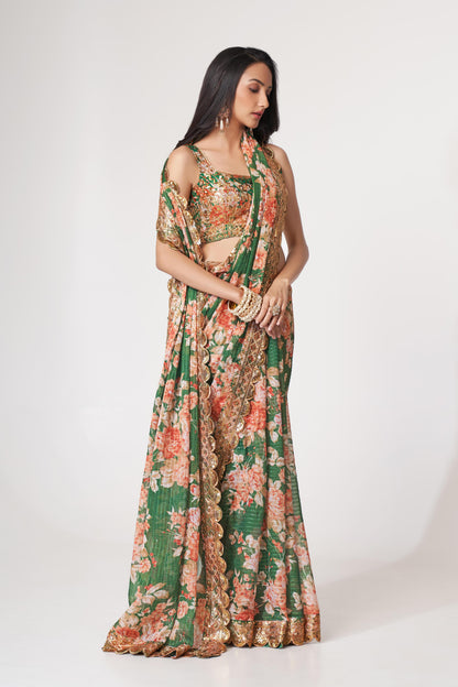 Mesmerizing Green Floral Printed Organza Festive Wear Saree