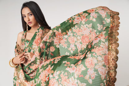 Mesmerizing Green Floral Printed Organza Festive Wear Saree