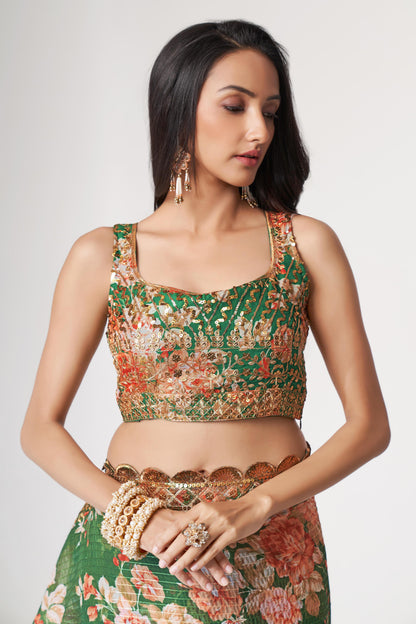 Mesmerizing Green Floral Printed Organza Festive Wear Saree