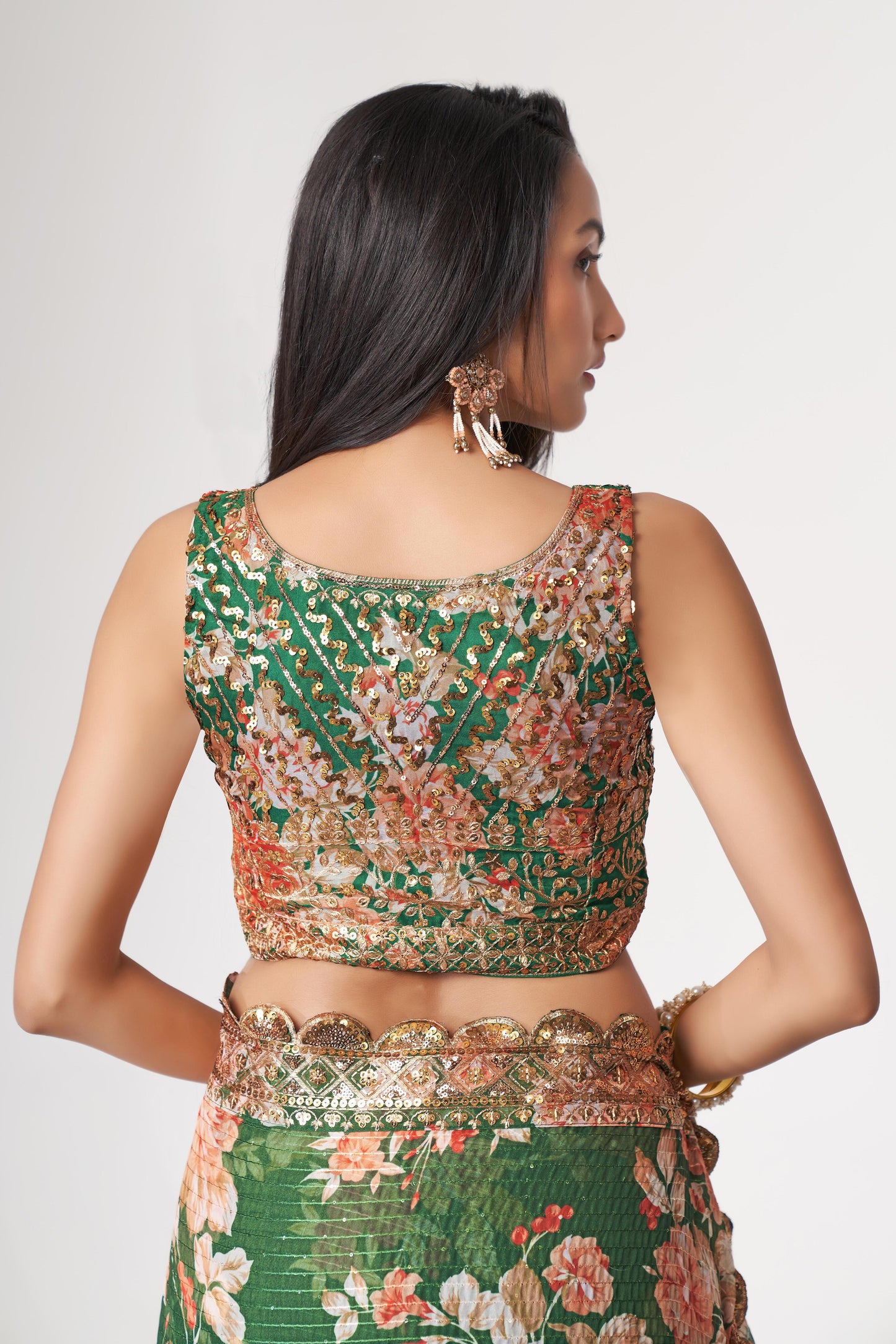 Mesmerizing Green Floral Printed Organza Festive Wear Saree